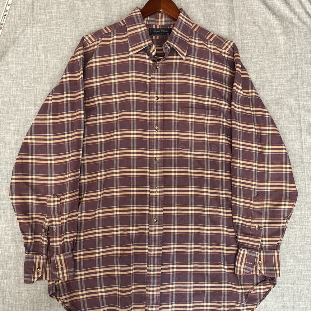 Royal Classic Plaid Purple Tom James Mens Shirt Hand Tailored size L/XL see pics